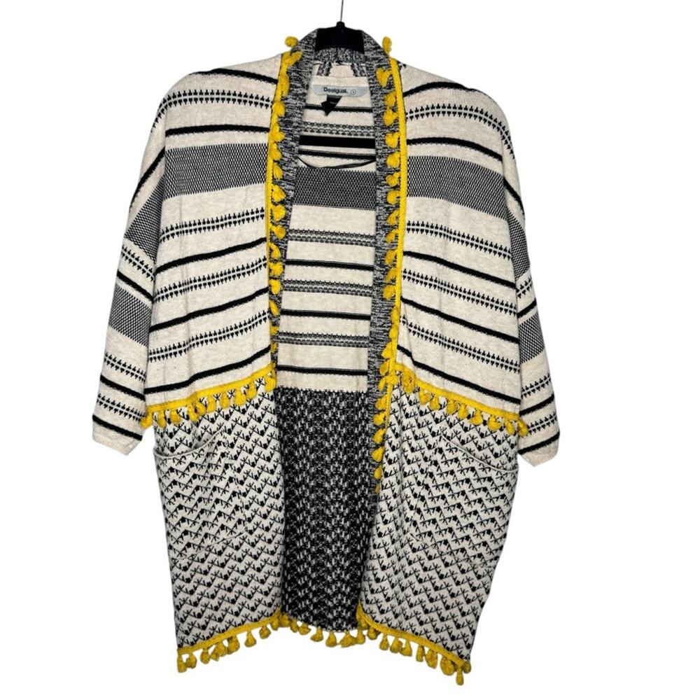 DESIGUAL / black cream yellow pom pom open front oversized cardigan sweater / S